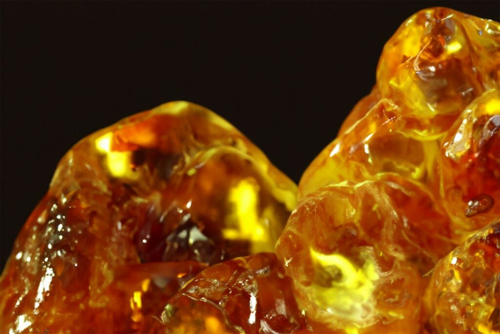Close-up of golden fossil amber