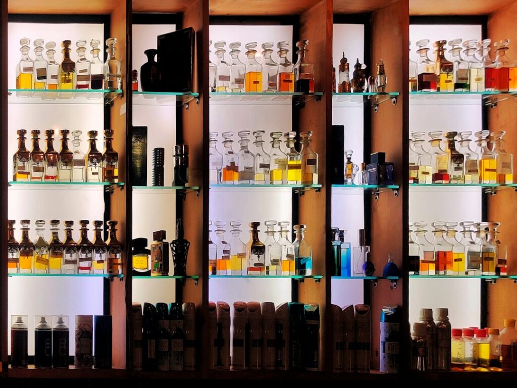 Perfume bottles arranged on a display