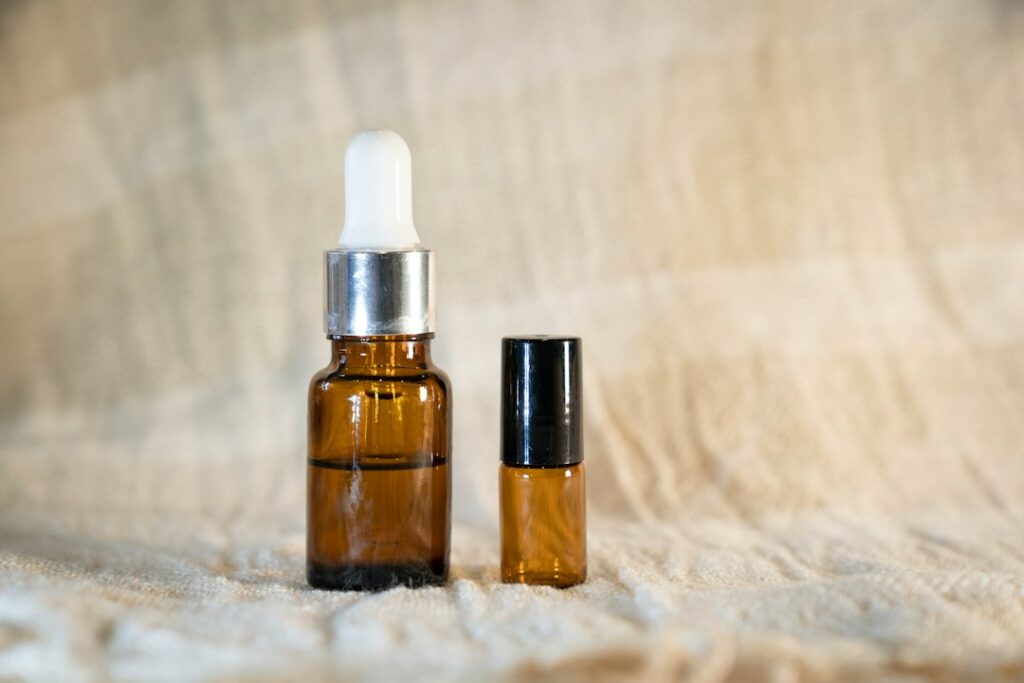 Amber glass fragrance oil bottles with droppers